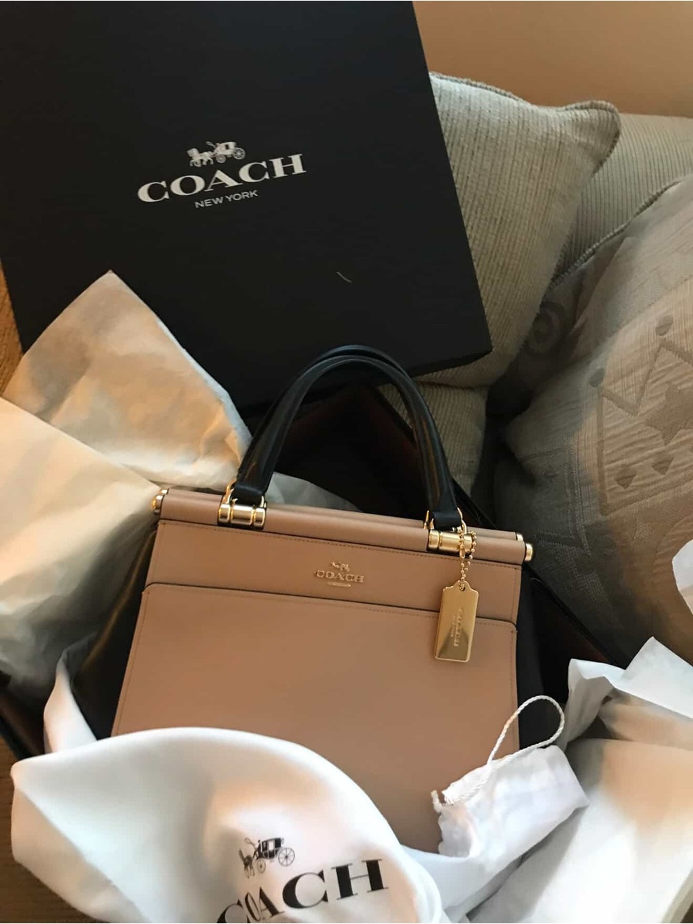 Coach Two-Tone Taupe and Black Top-Handle Satchel